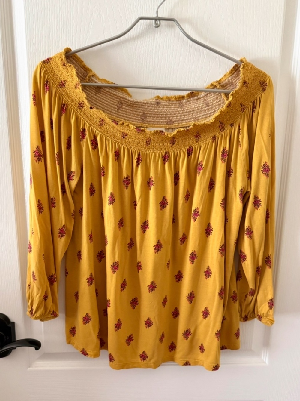 Old Navy Mustard Yellow Orange Red Ditsy Floral Top XL Smock Boatneck Neckline